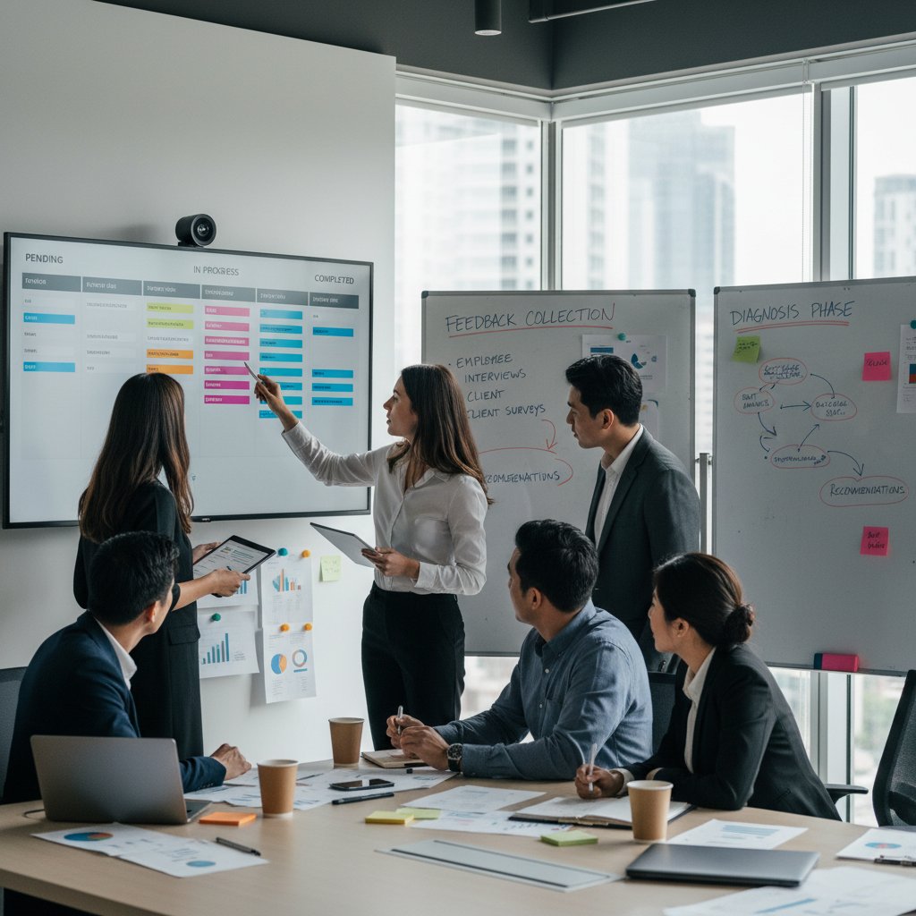 Manager conducting a team audit session, reviewing task boards and collecting team feedback, representing diagnosis phase