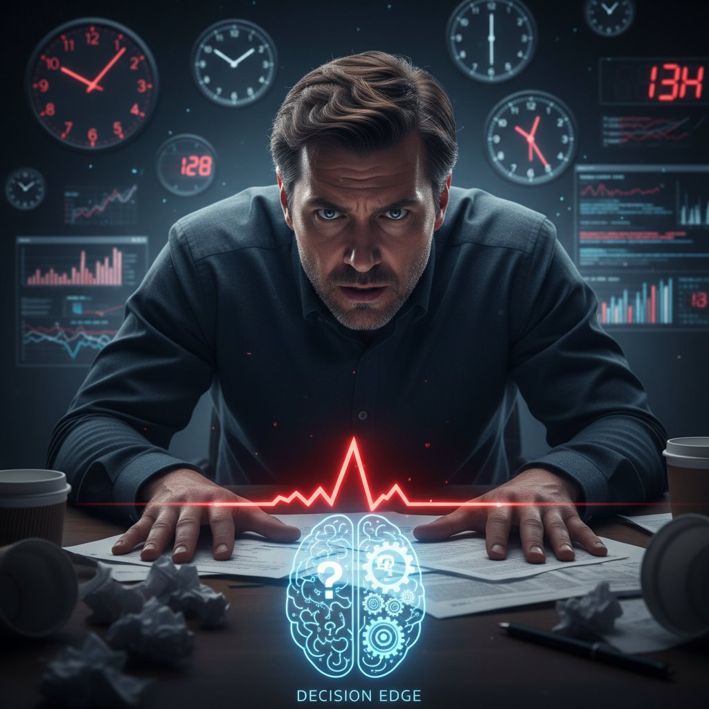 Portret menadżera pod presją czasu, zegary na ścianie, stres, decyzja na krawędzi