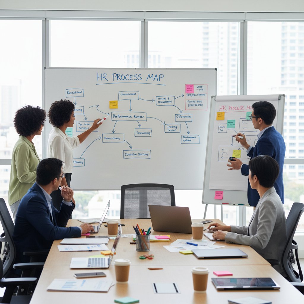 Zespół menedżerów analizujący mapę procesów HR na tablicy podczas warsztatu