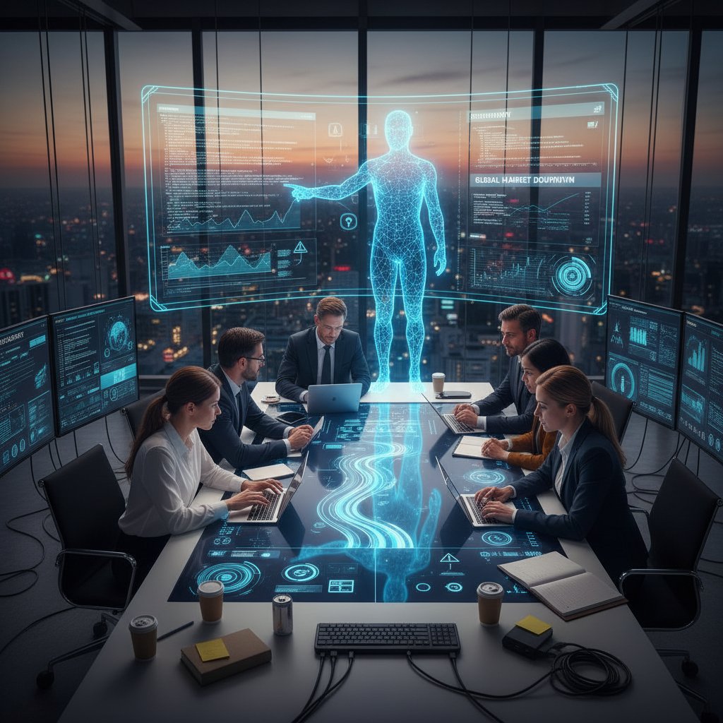 Grupa menedżerów w trakcie symulacji kryzysowej, intensywna atmosfera, nowoczesne biuro