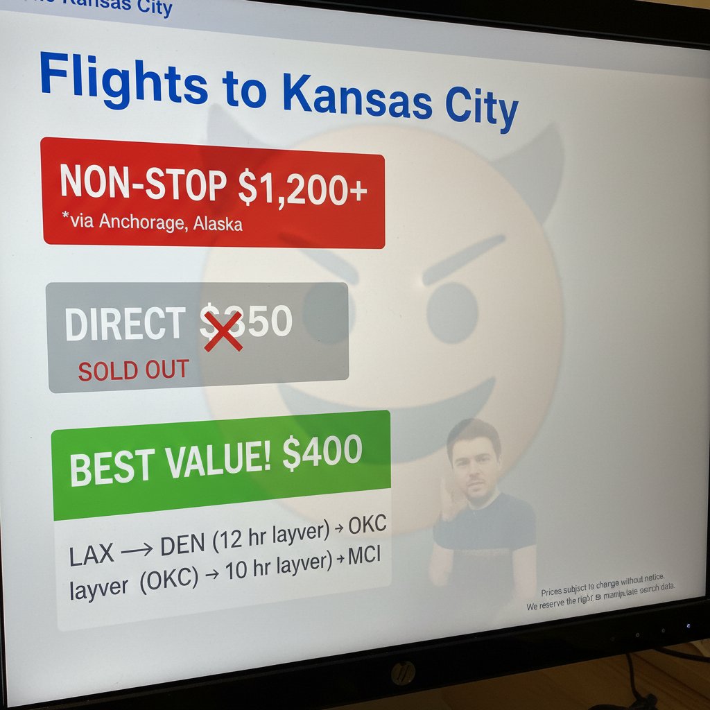 Manipulative flight search results interface highlighting 'best deals' with misleading visuals, flights to kansas city