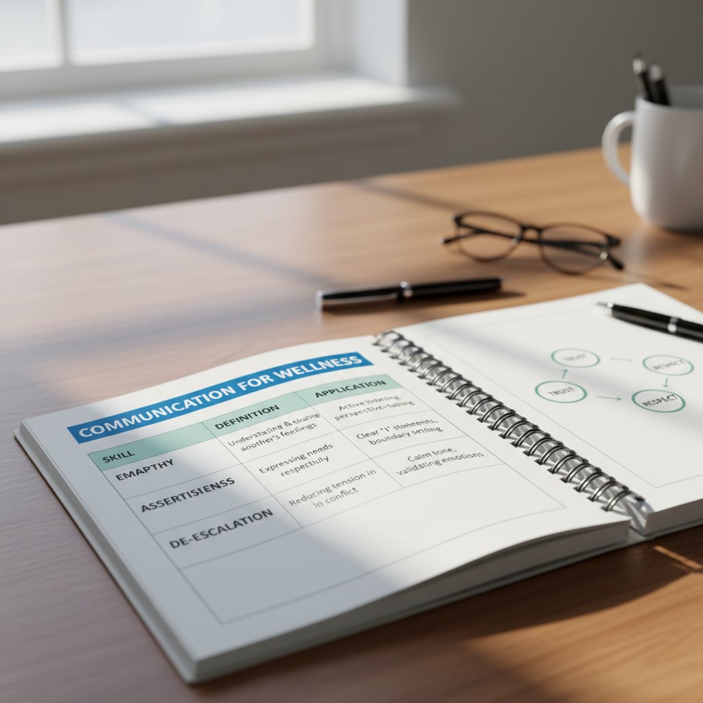 Podręcznik leży na stole, kartki z wypisanymi terminami „empatia”, „asertywność”, „deeskalacja”