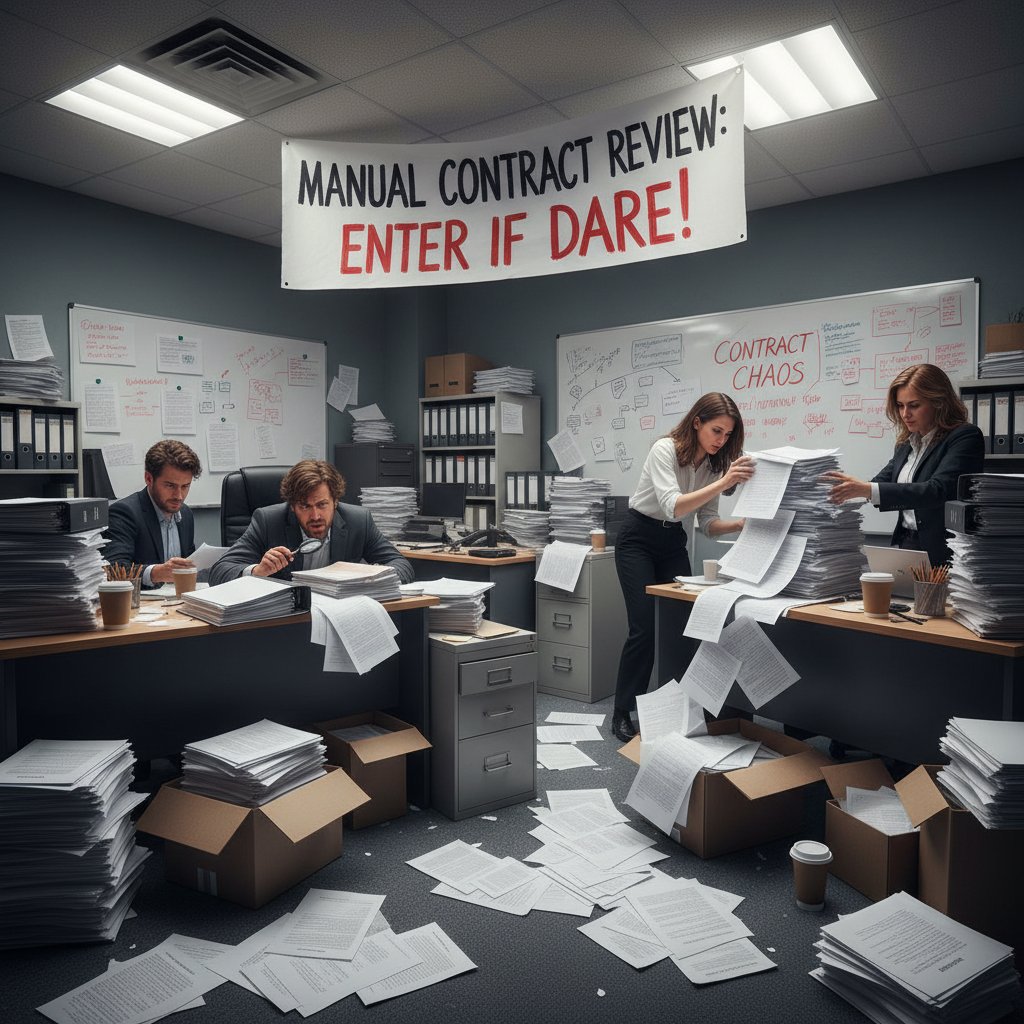 Closeup of overwhelmed office worker surrounded by stacks of paper contracts, highlighting manual contract review dangers