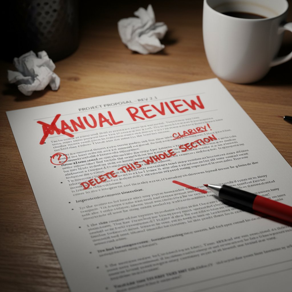 Close-up photo of red-pen edits on dense academic text, symbolizing the myth of manual accuracy and human error