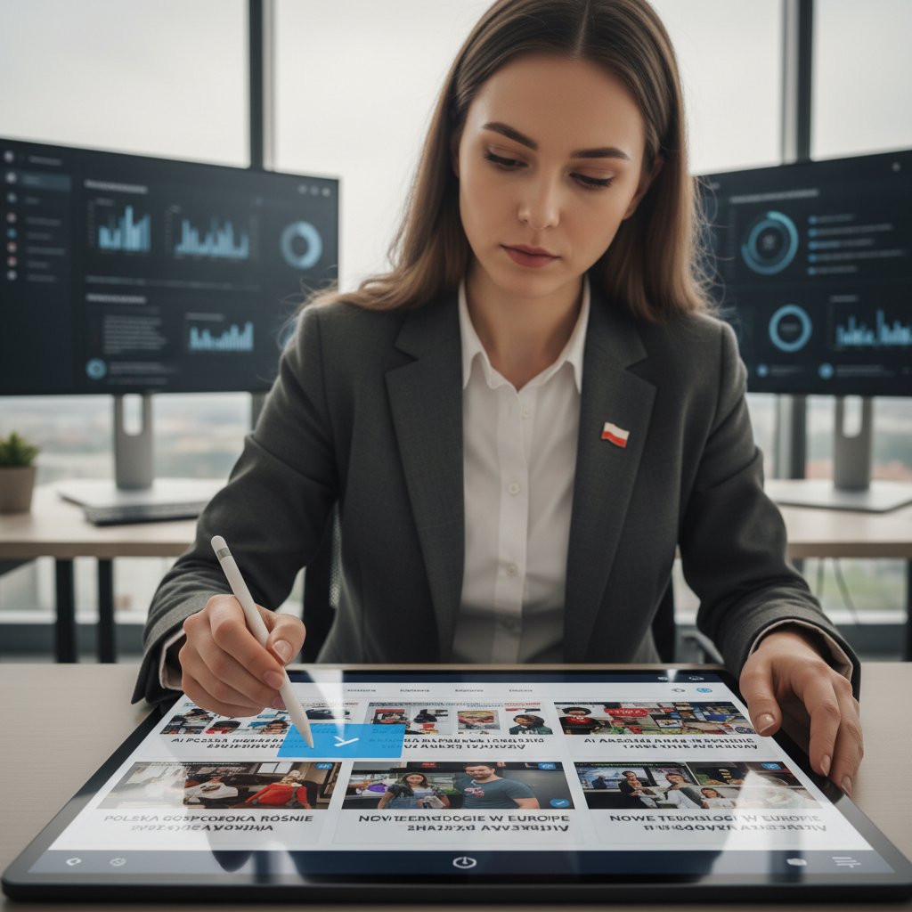 Osoba analizująca newsy na tablecie, z jednej strony notatki papierowe, z drugiej ekran z analizą AI
