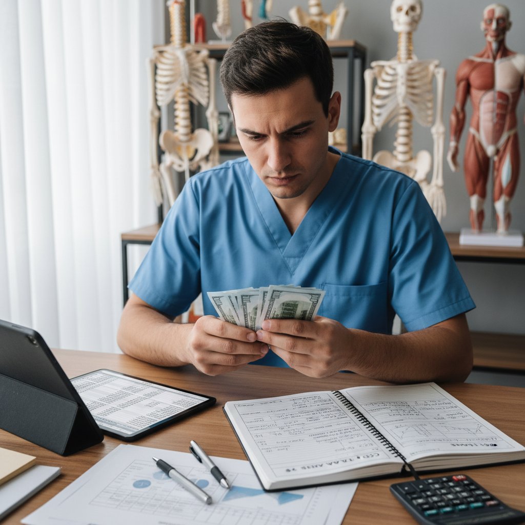 Ręce liczące pieniądze obok notatnika z napisem 'terapia manualna' – ilustracja kosztów