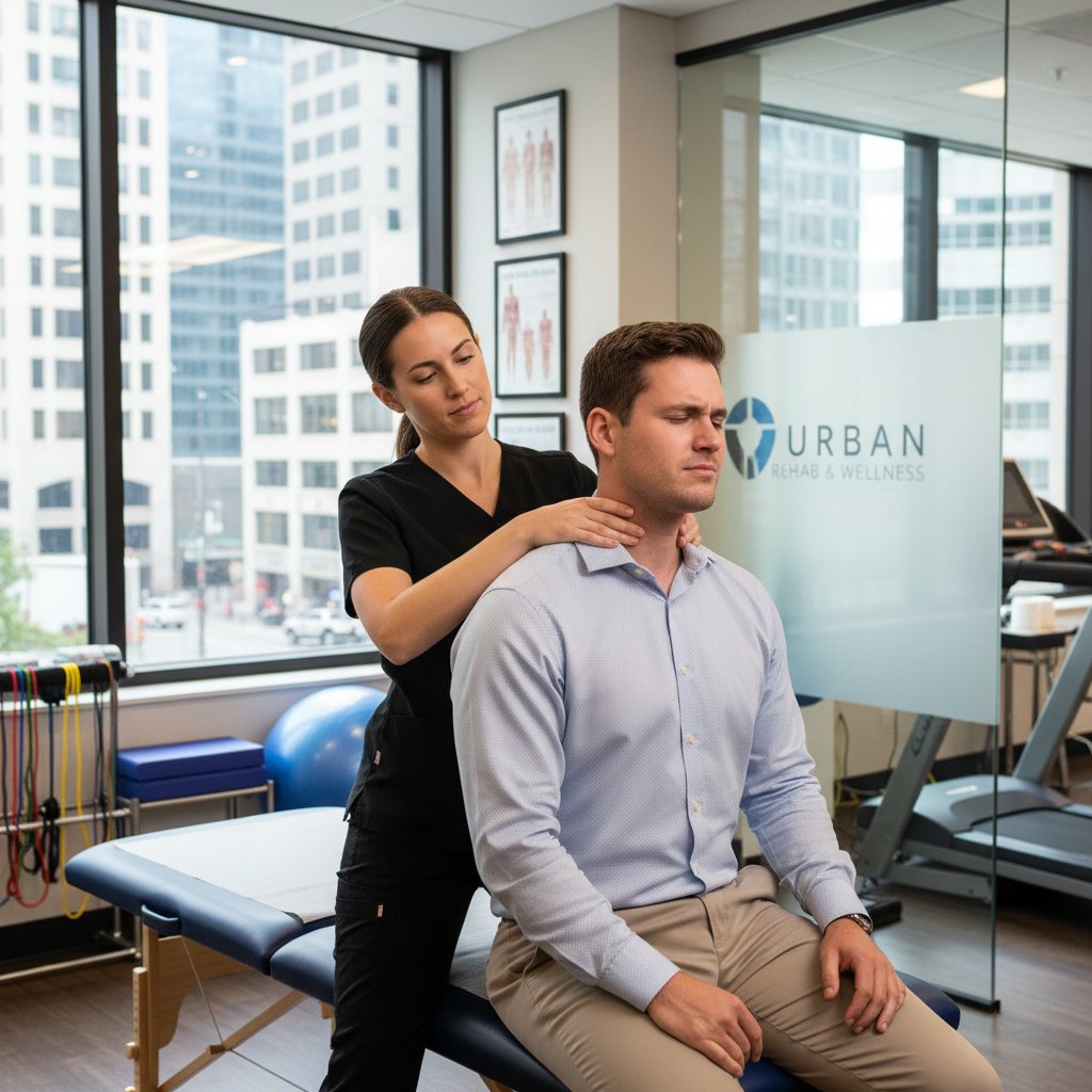 Pacjent biurowy korzystający z terapii manualnej w miejskiej klinice fizjoterapii