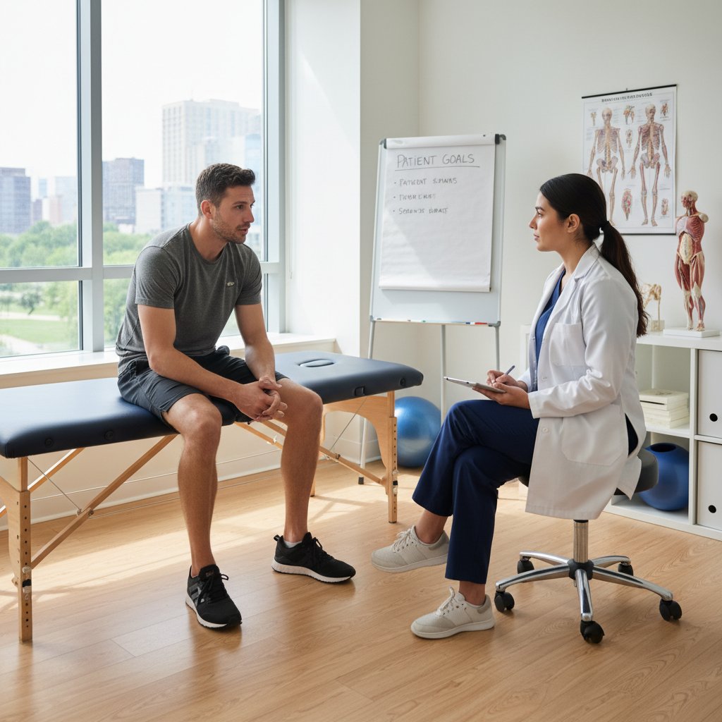 Rozmowa pacjenta z terapeutą manualnym w gabinecie – zadawanie pytań