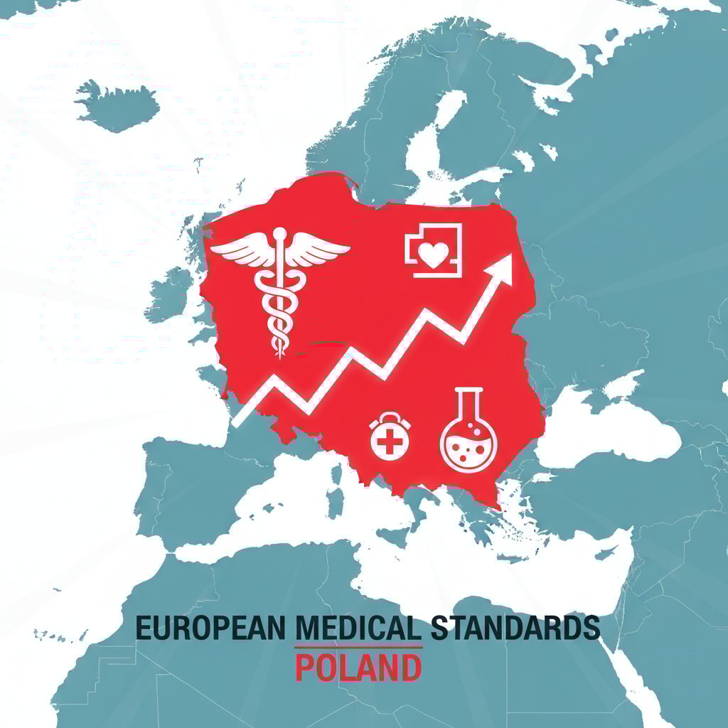 Mapa Europy z wyróżnioną Polską, różnice w standardach medycznych, kolorowe fotografie z przychodni