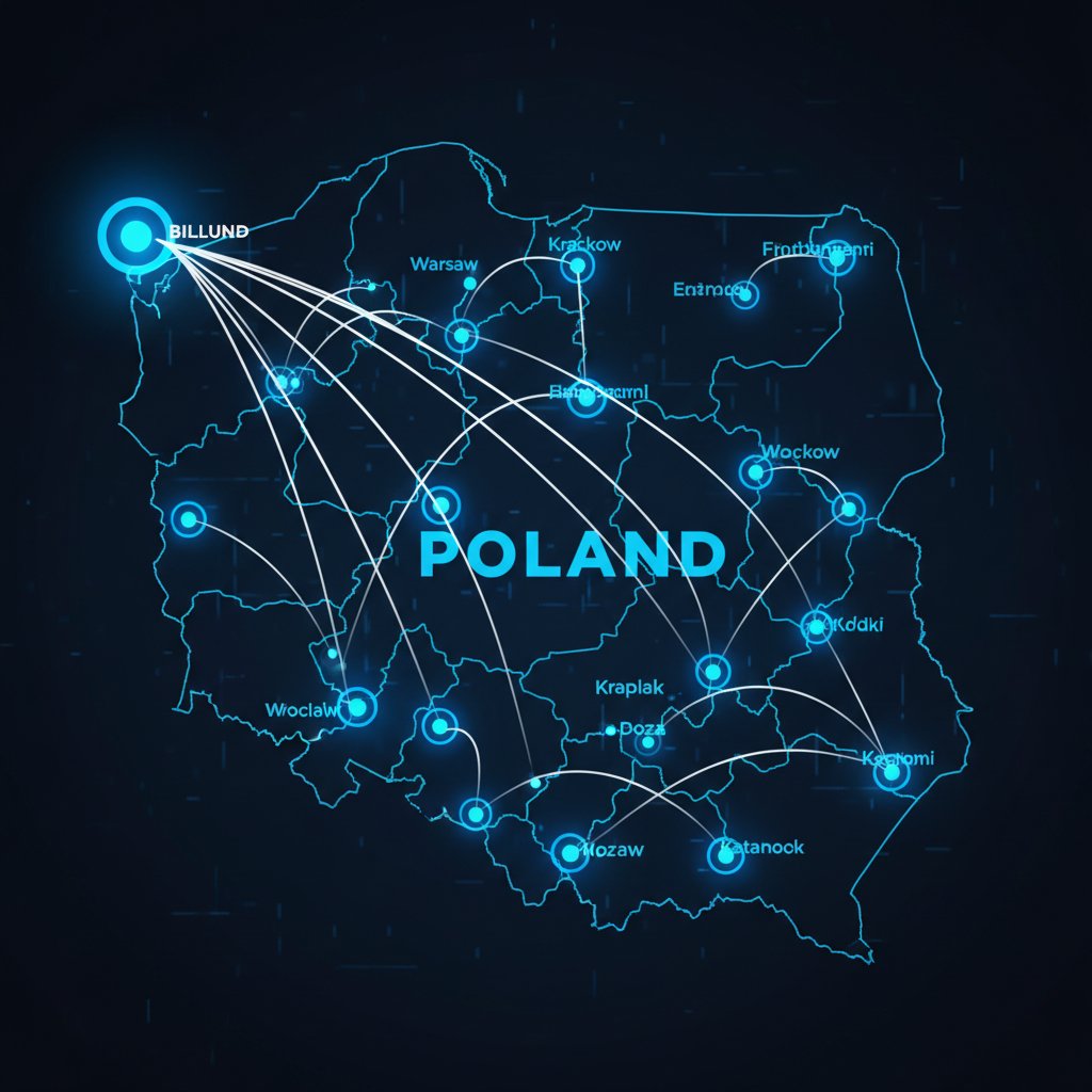 Mapa Polski z wyróżnionymi lotniskami i liniami lotów do Billund