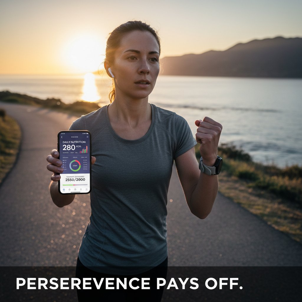 Maratończyk trzymający smartfon, symbol wytrwałości w kontroli diety i roli narzędzi cyfrowych