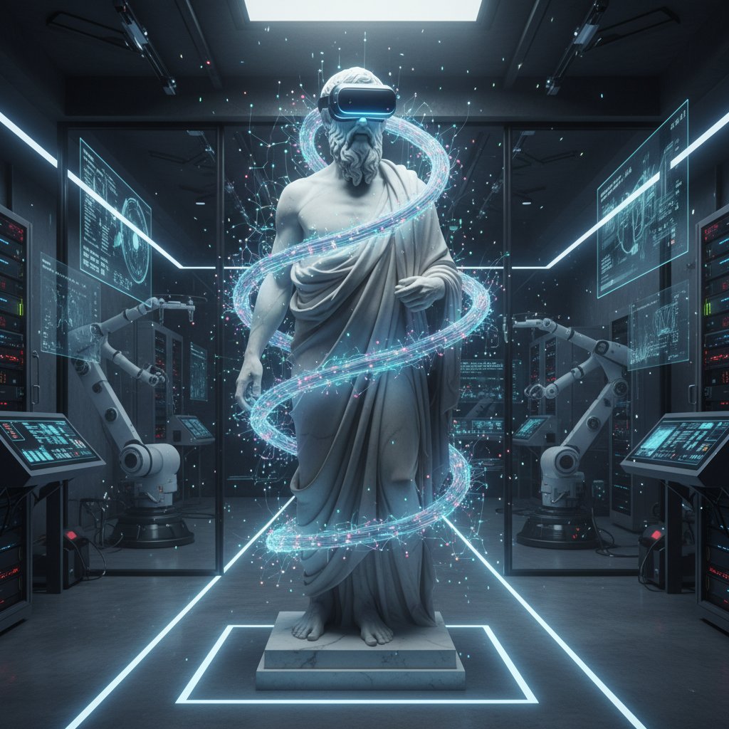 Marmurowy posąg filozofa w nowoczesnym laboratorium AI w otoczeniu wzorów sieci neuronowych
