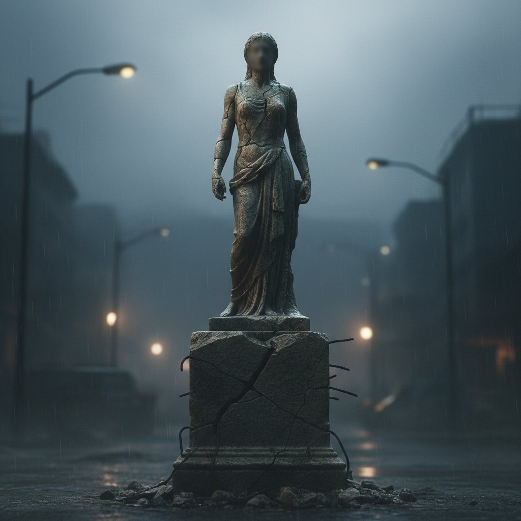 Statua z pękniętym piedestałem i zamazaną twarzą, symbolizująca rozpad idealizacji.