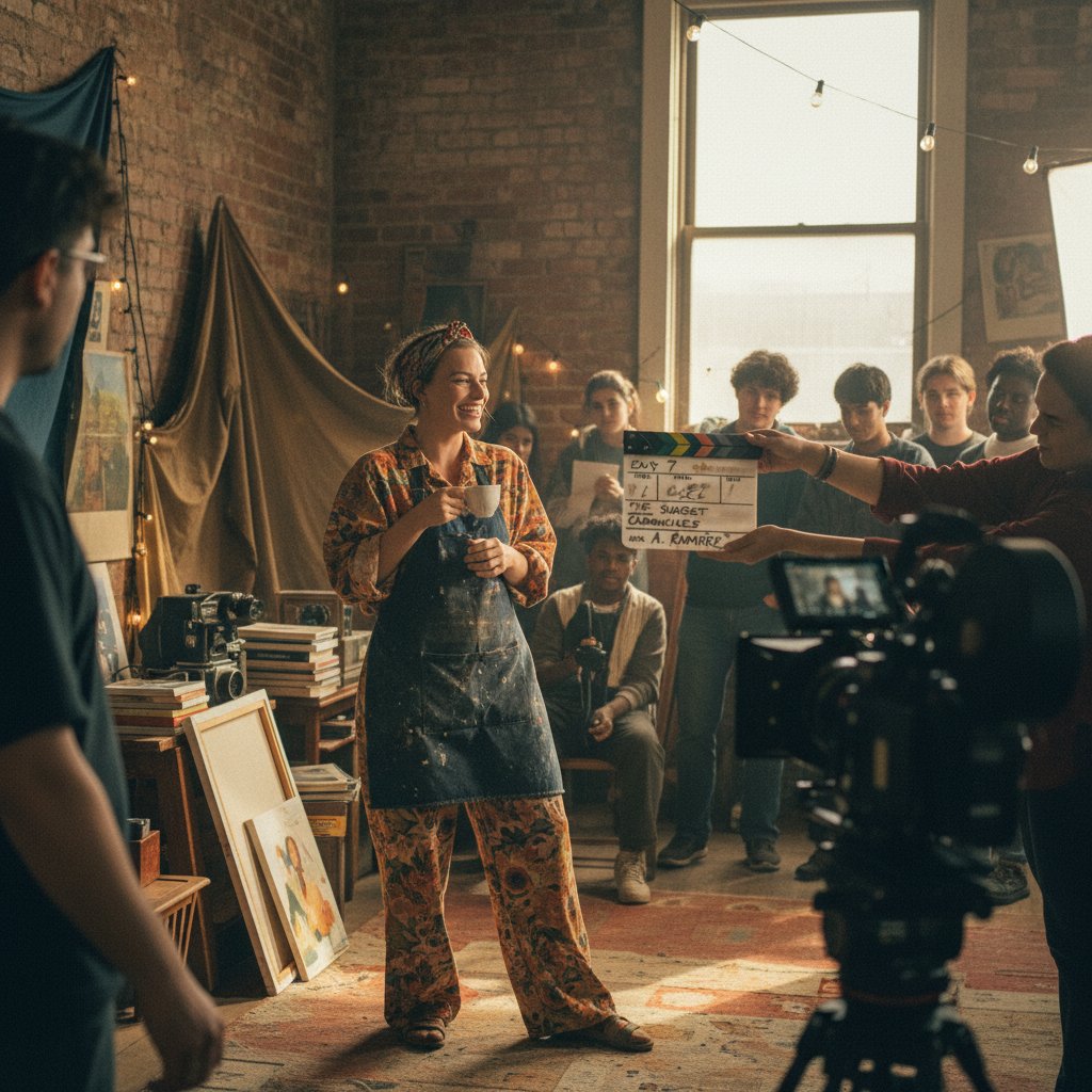 Margot Robbie behind the scenes of an indie film, spotlighting her versatility and artistry