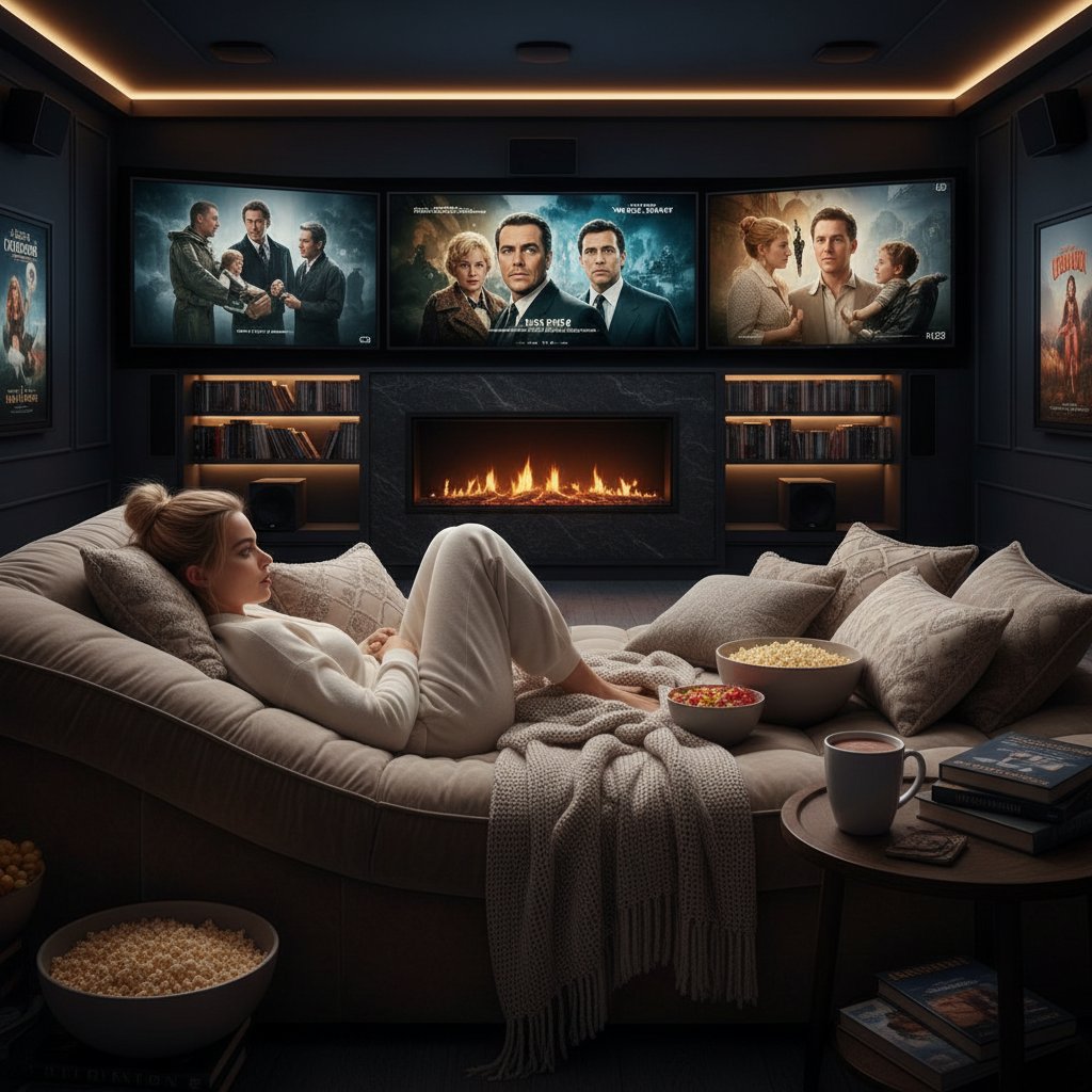 Watching a Margot Robbie movie marathon at home with a cozy home theater setup, showcasing her films
