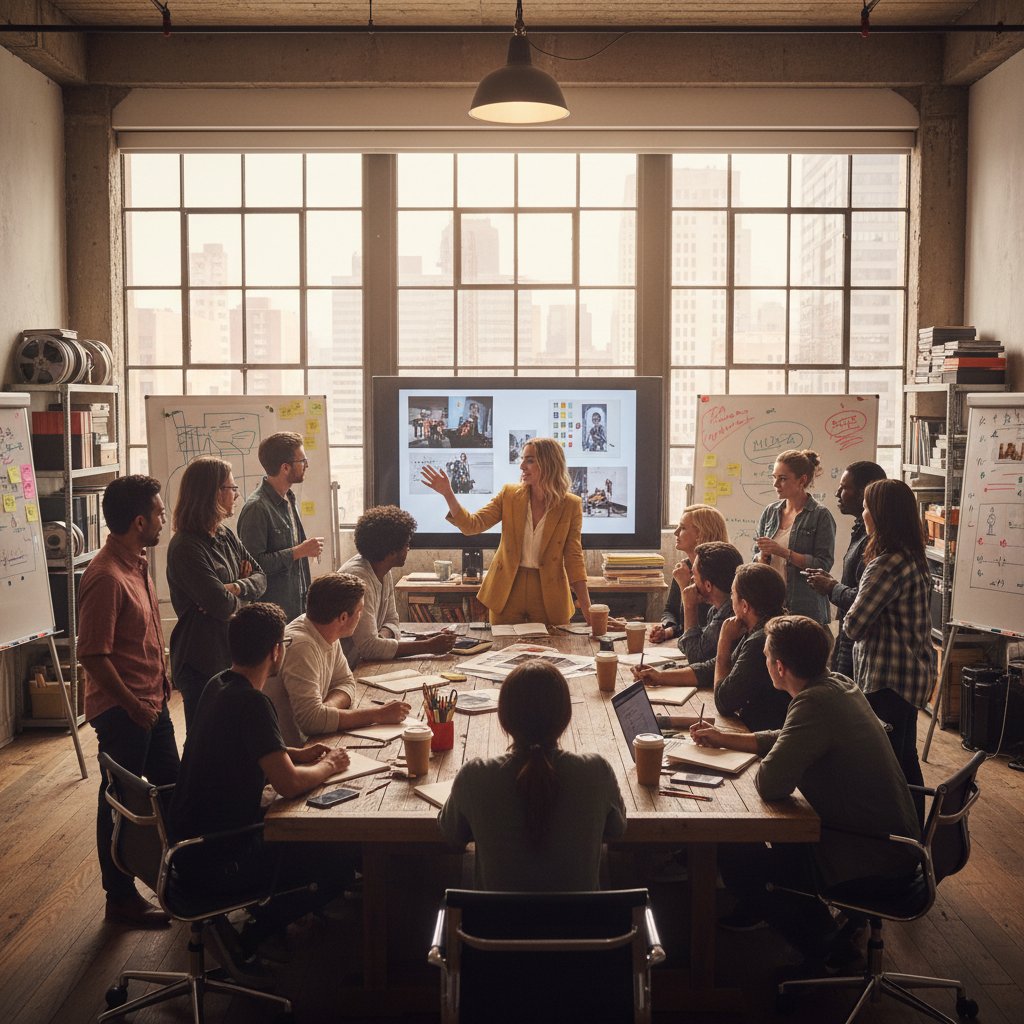 Margot Robbie leading a creative production discussion at LuckyChap, energetic and influential