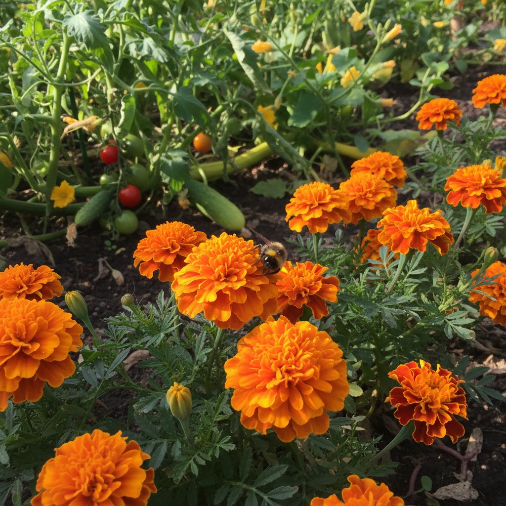 Kwiaty nagietka na grządce warzywnej, z ostrym światłem, widoczne inne rośliny towarzyszące