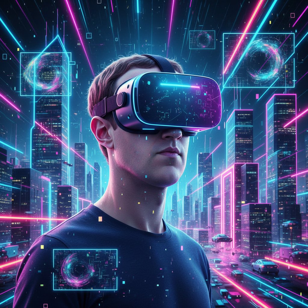 Portret Marka Zuckerberga w okularach VR, neonowe światła, cyfrowa transformacja