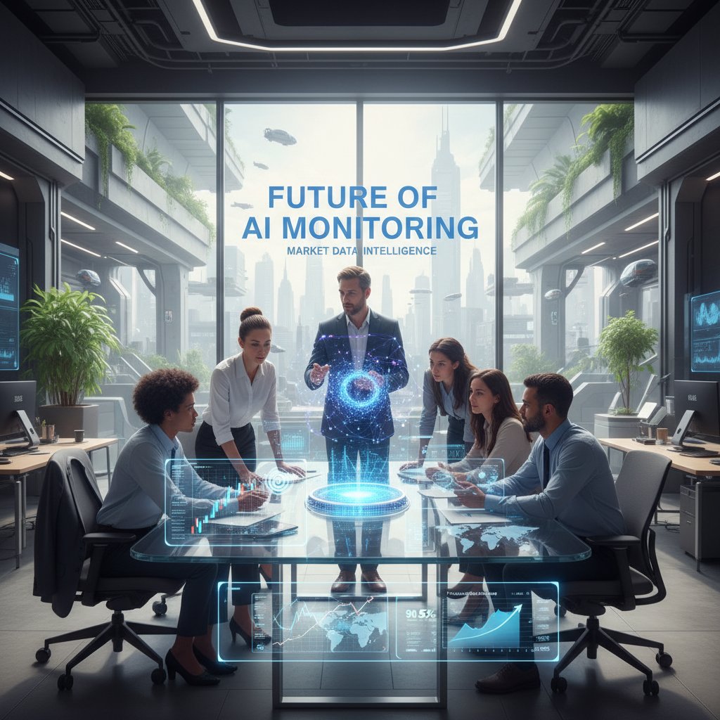 Zespół analizujący dane rynkowe na nowoczesnych ekranach, wizja przyszłości monitoringu AI