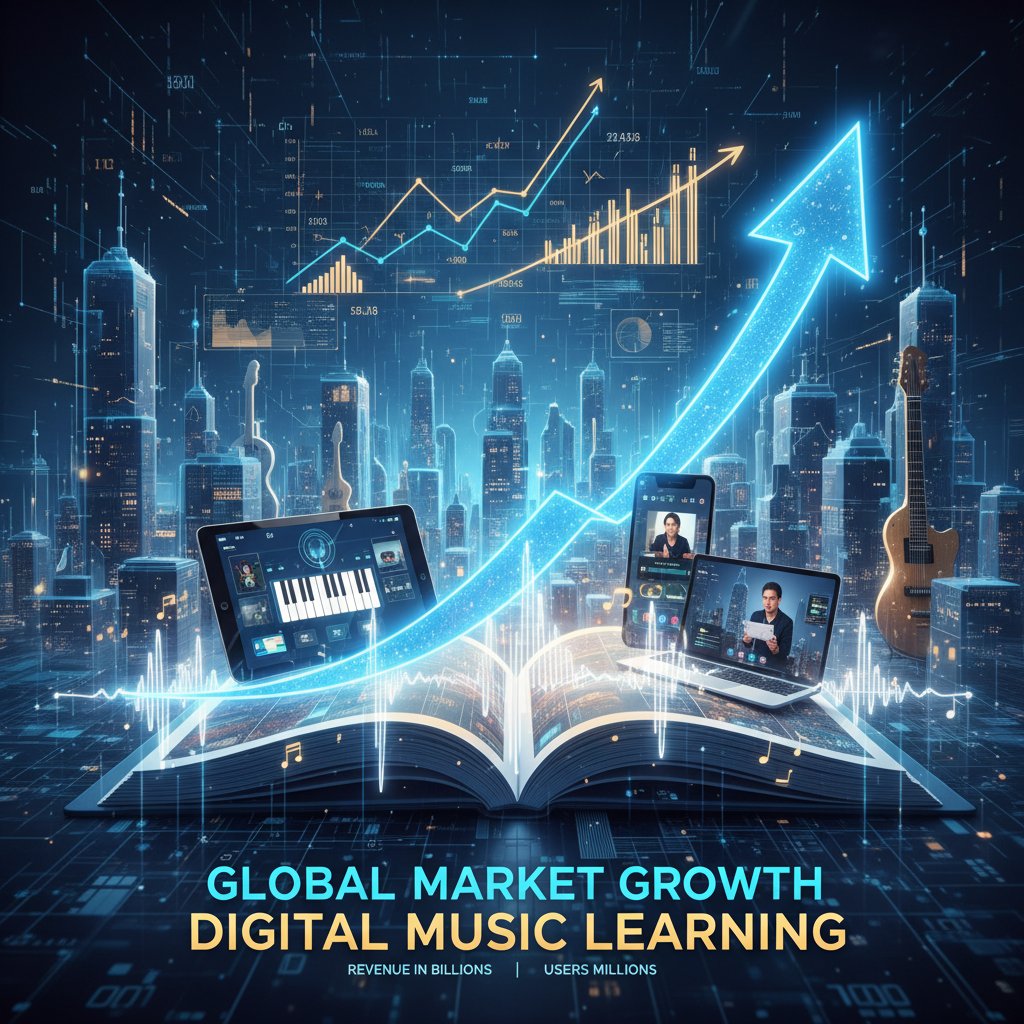 Zdjęcie kilku młodych osób korzystających z laptopów i notatek, symbolizujące wzrost rynku edukacji muzycznej online