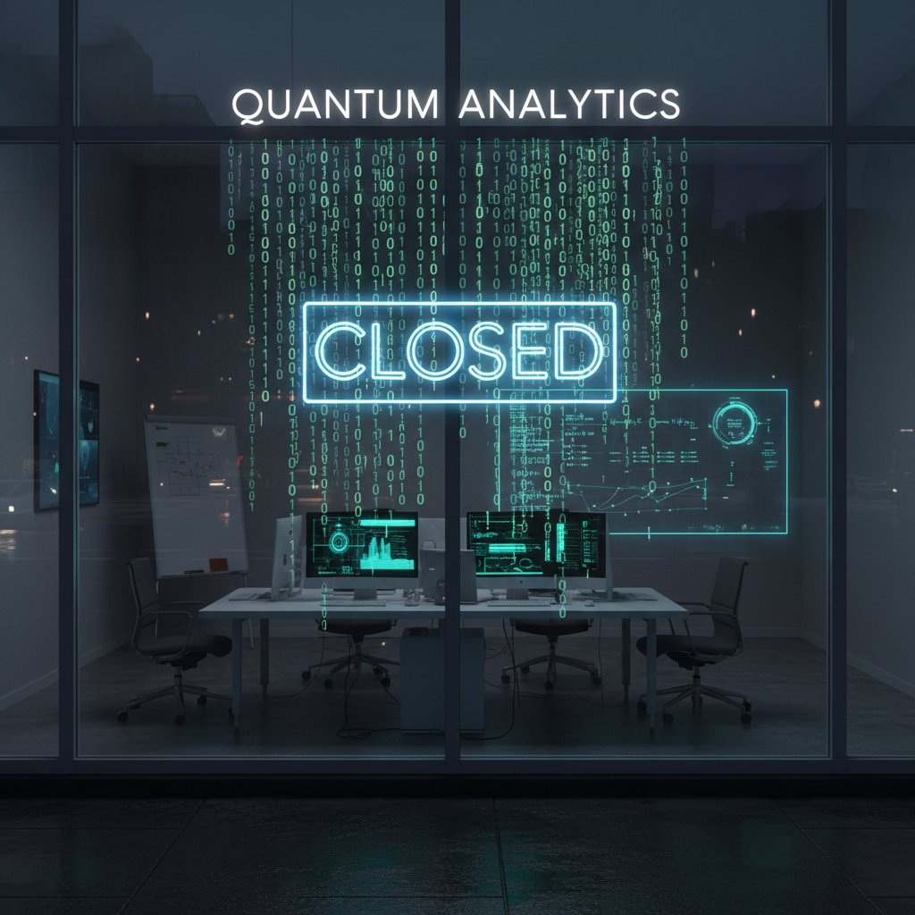 Market research agency window with 'closed' sign dissolving into binary code, editorial photo