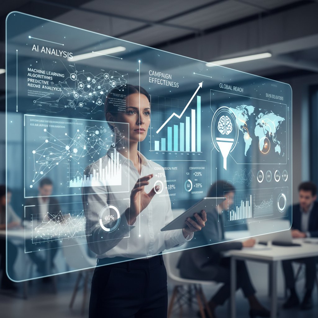 Specjalistka ds. marketingu korzysta z AI do analizowania skuteczności kampanii. Słowo kluczowe: AI w marketingu