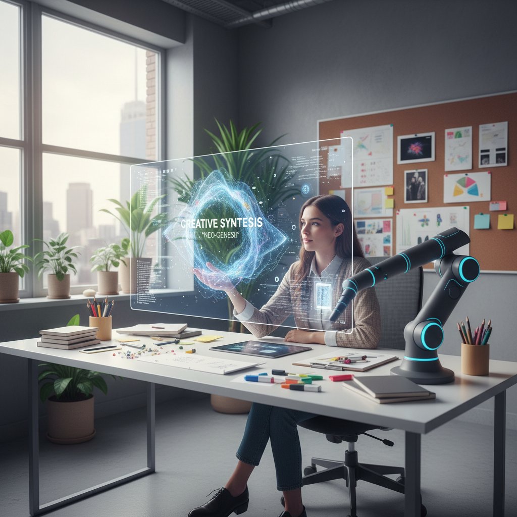 Ilustracja: marketer z AI współpracujący nad kreatywnym projektem w nowoczesnym biurze