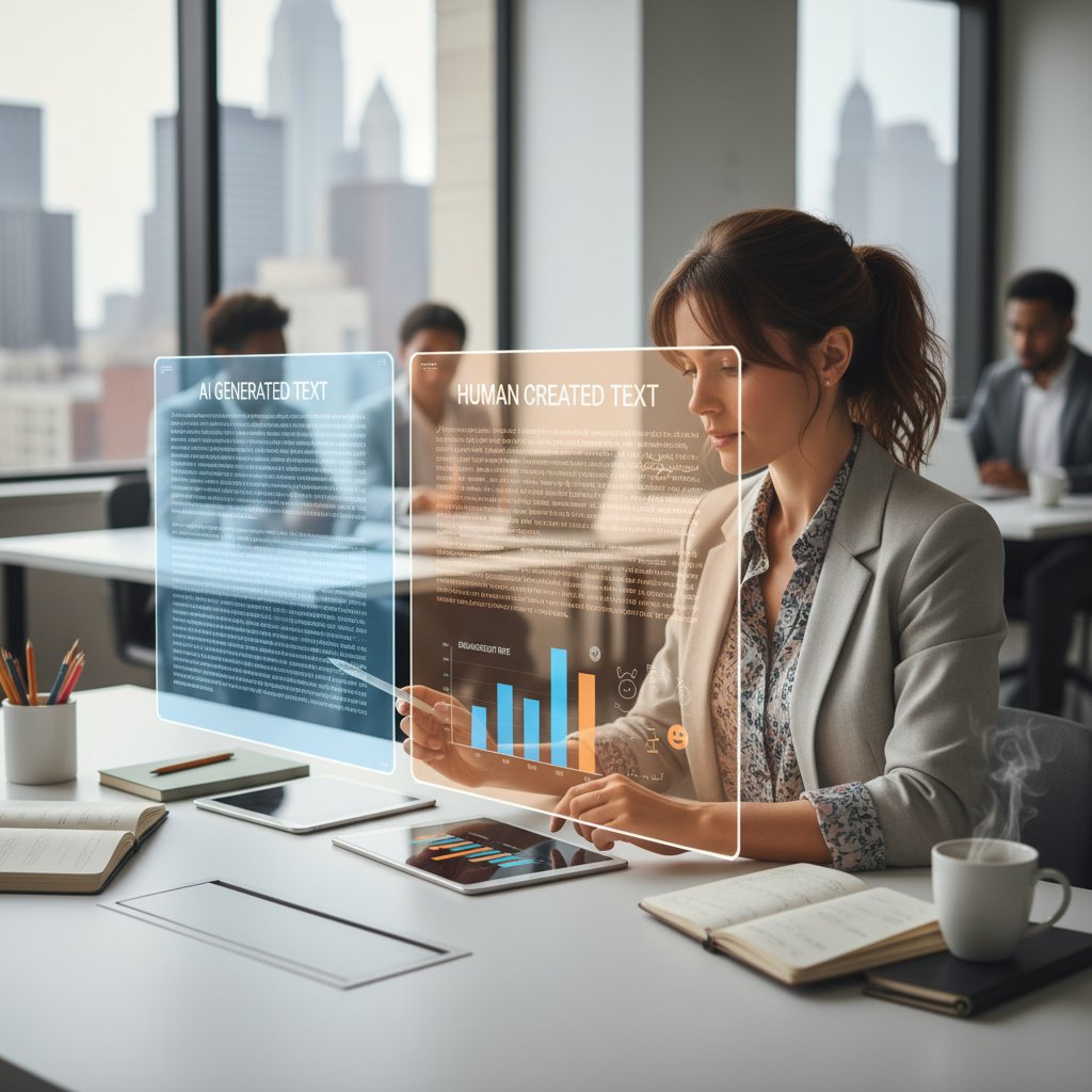 Marketingowiec analizujący dwie wersje tekstu – jedną pisaną przez AI, drugą przez człowieka