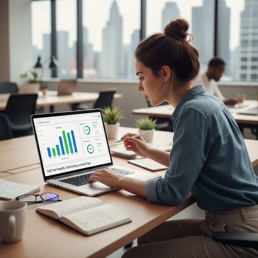 Marketer analizujący wyniki ekspresowych testów A/B na ekranie laptopa