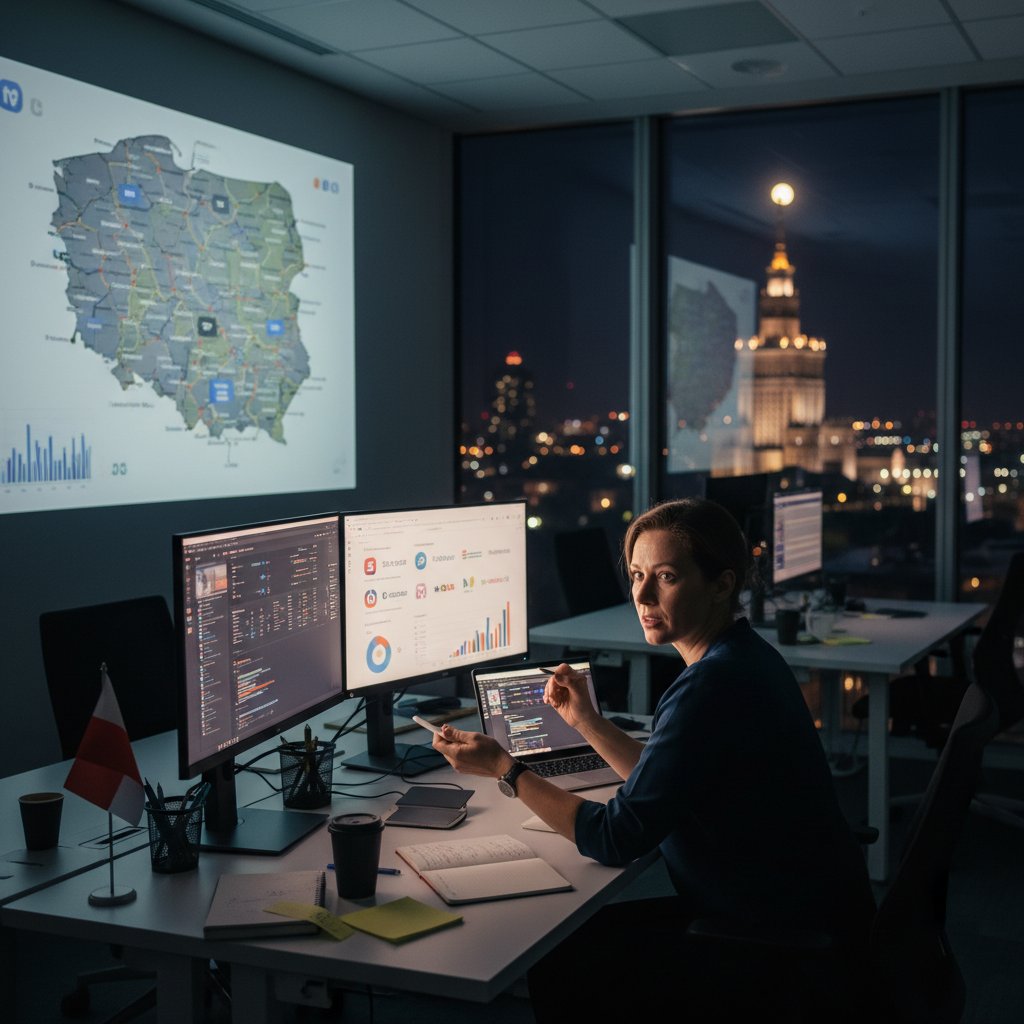 Marketer analizujący wyniki kampanii reklamowej na ekranie komputera w polskim biurze – noc, mocny kontrast, intensywna atmosfera