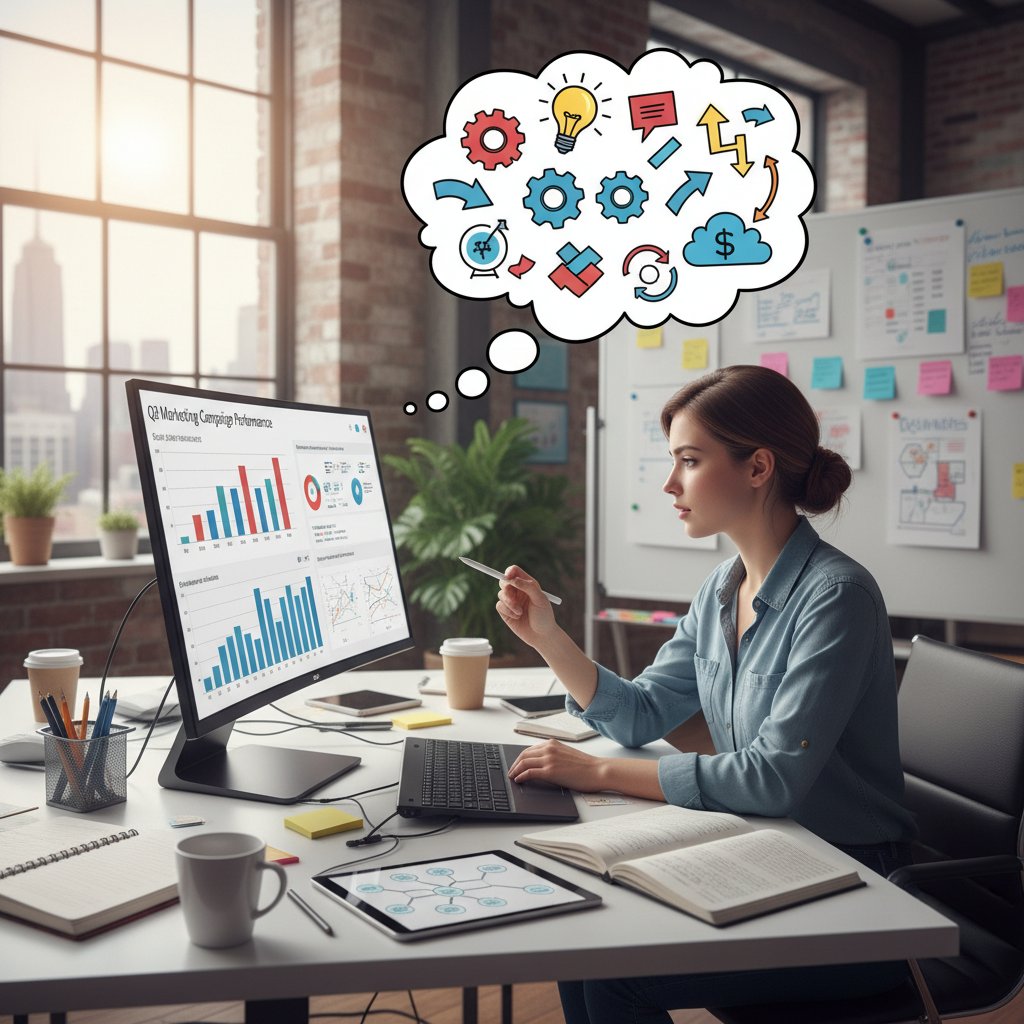 Ilustracja: marketer analizujący różne kampanie na laptopie podczas burzy mózgów