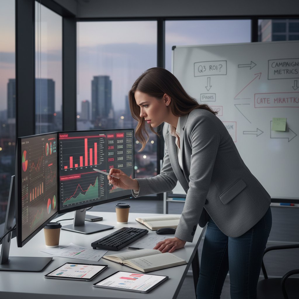 Marketer analizujący wykresy, zaskoczony niespójnością danych kampanii