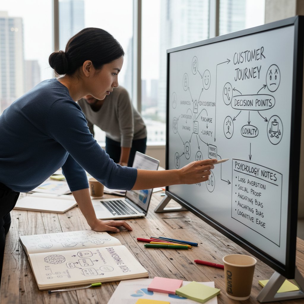 Marketer analizujący decyzje klientów, tablica z notatkami psychologicznymi, burza mózgów