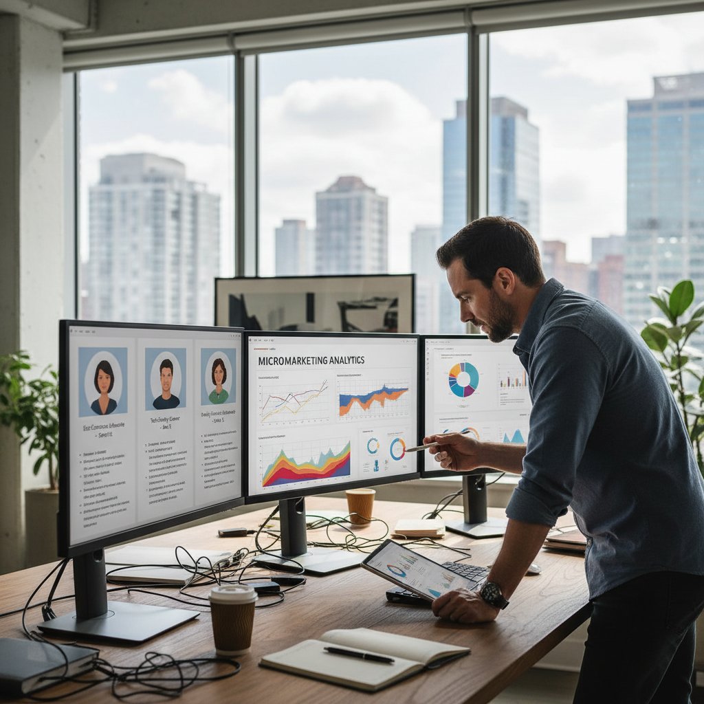 Marketer analizuje dane mikrotargetowania na ekranie, wyświetlane są profile klientów – long tail personalization