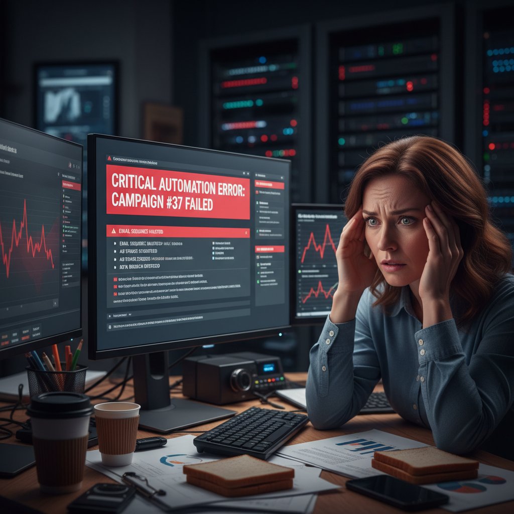 Wystraszony marketer patrzący na alerty błędów automatyzacji na ekranie