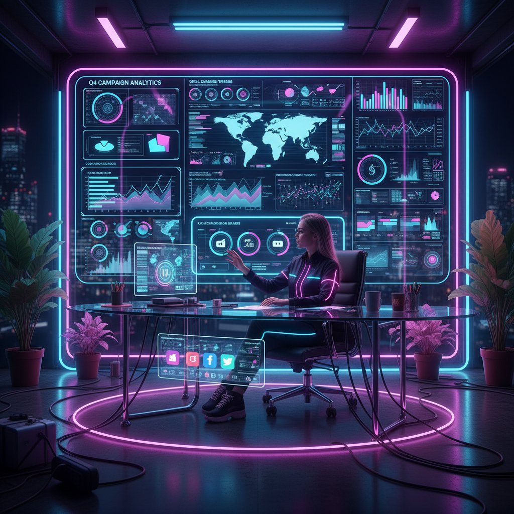 Marketer analizujący dane z cyfrowego pulpitu przy świetle z ekranu, symbolizujący przejście od tradycji do AI