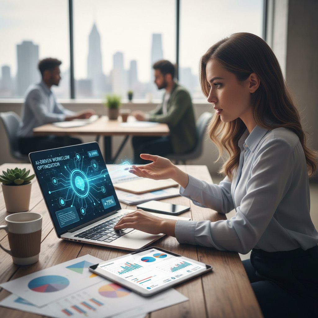 Marketer korzystający z laptopa z widoczną aplikacją AI, efektywność marketingu