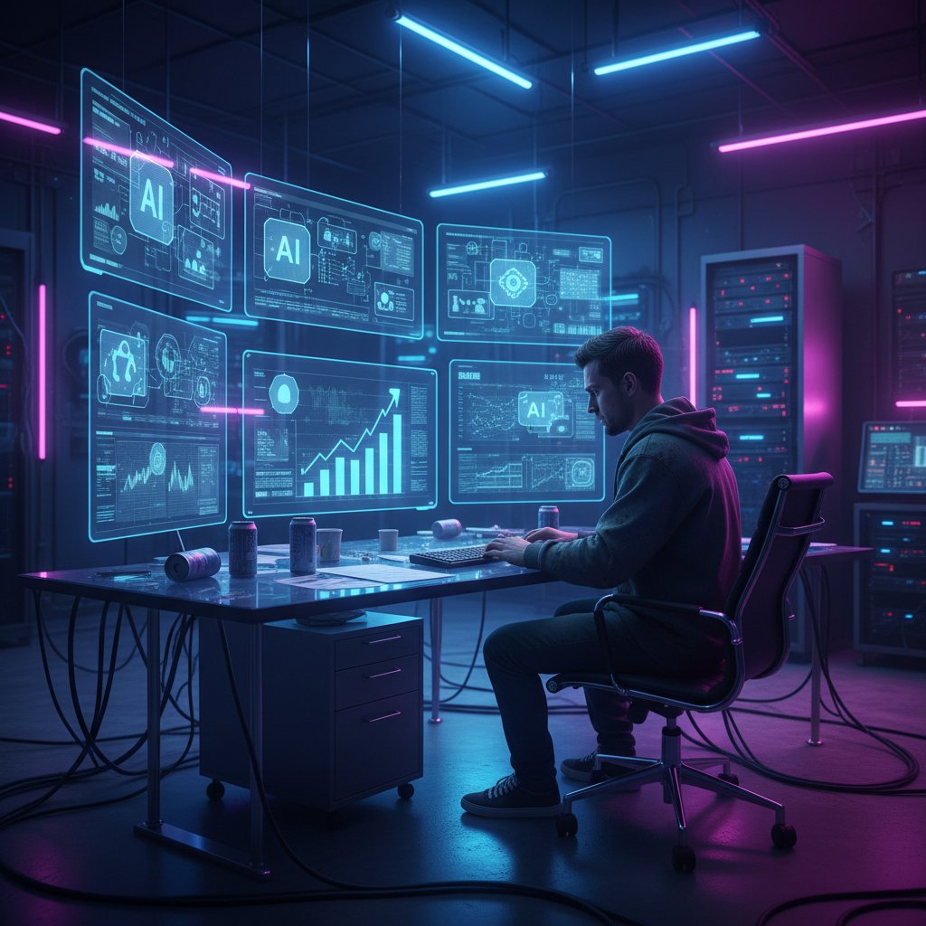 Marketer w neonowym biurze otoczony danymi i ikonami AI – atmosfera niepewności i technologicznego napięcia