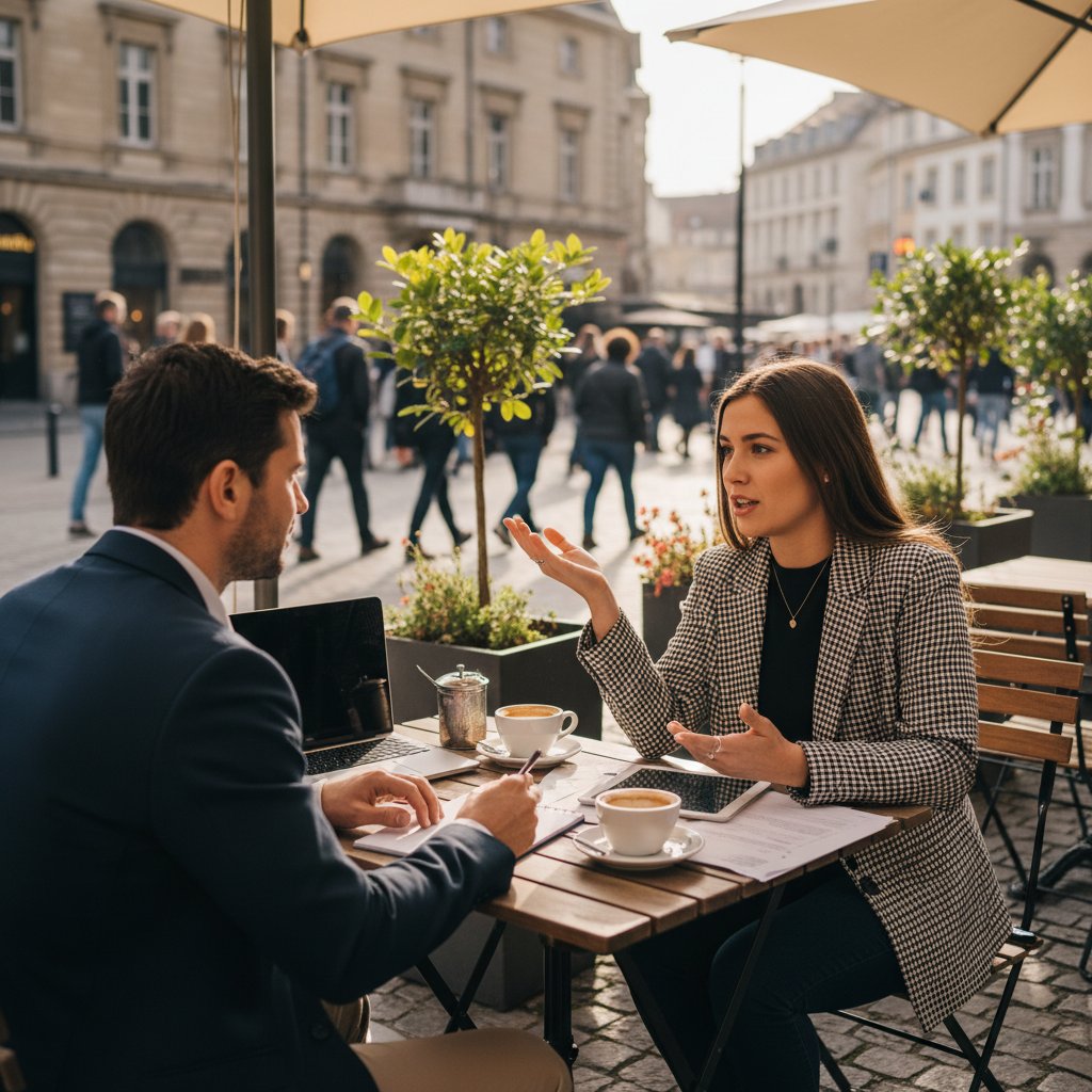 Zdjęcie marketerki rozmawiającej szczerze z klientem w kawiarni