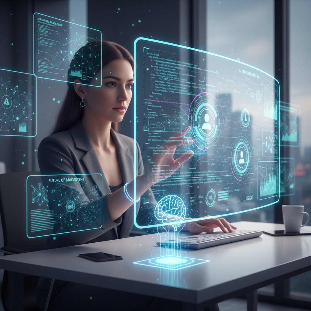 Nowoczesny marketer korzystający z AI do generowania kampanii, technologia marketingowa w akcji