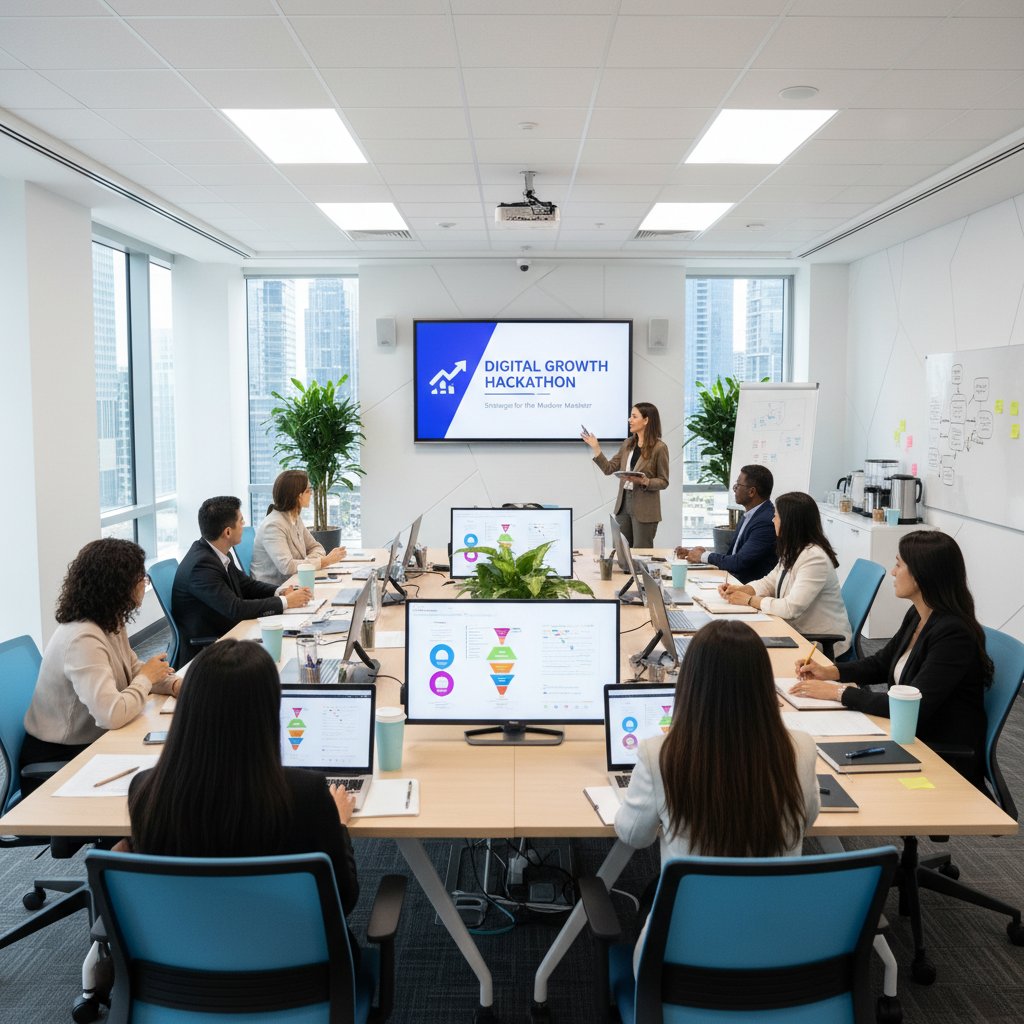 Grupa marketerów podczas szkolenia, aktywnie uczestniczy w warsztatach w nowoczesnej sali