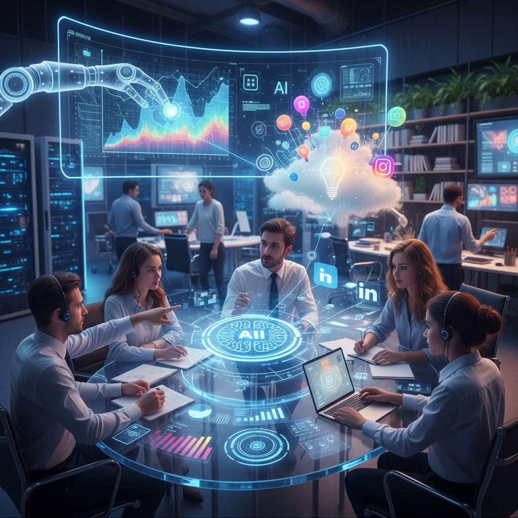 Grupa kreatywnych marketerów korzystających z narzędzi AI i social media