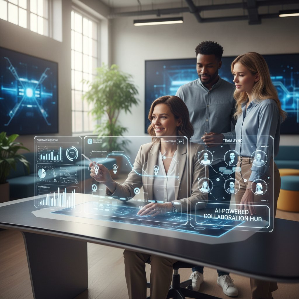 Marketing administrator integrating AI tools into daily workflow, collaborating with digital interfaces in a modern workspace.