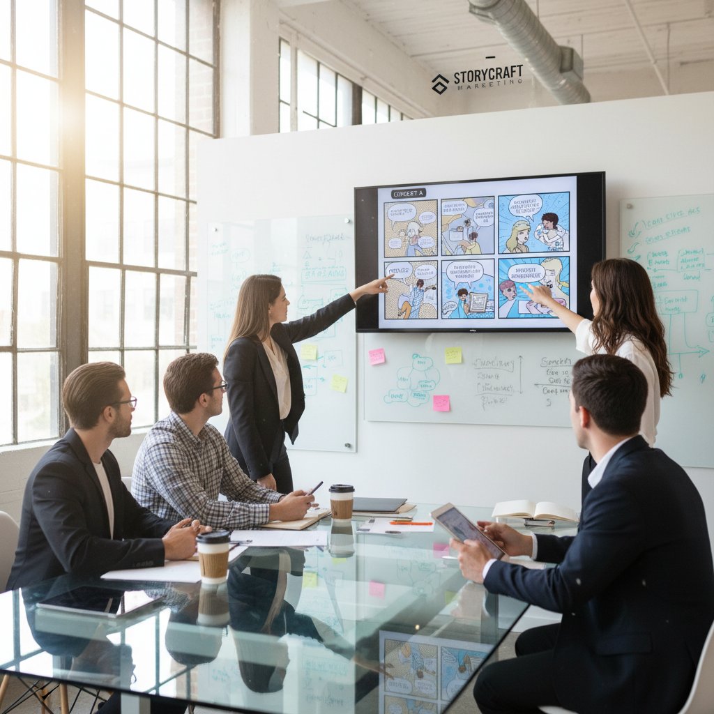 Biuro agencji marketingowej, ekran z wygenerowanymi storyboardami, zespół analizuje opcje
