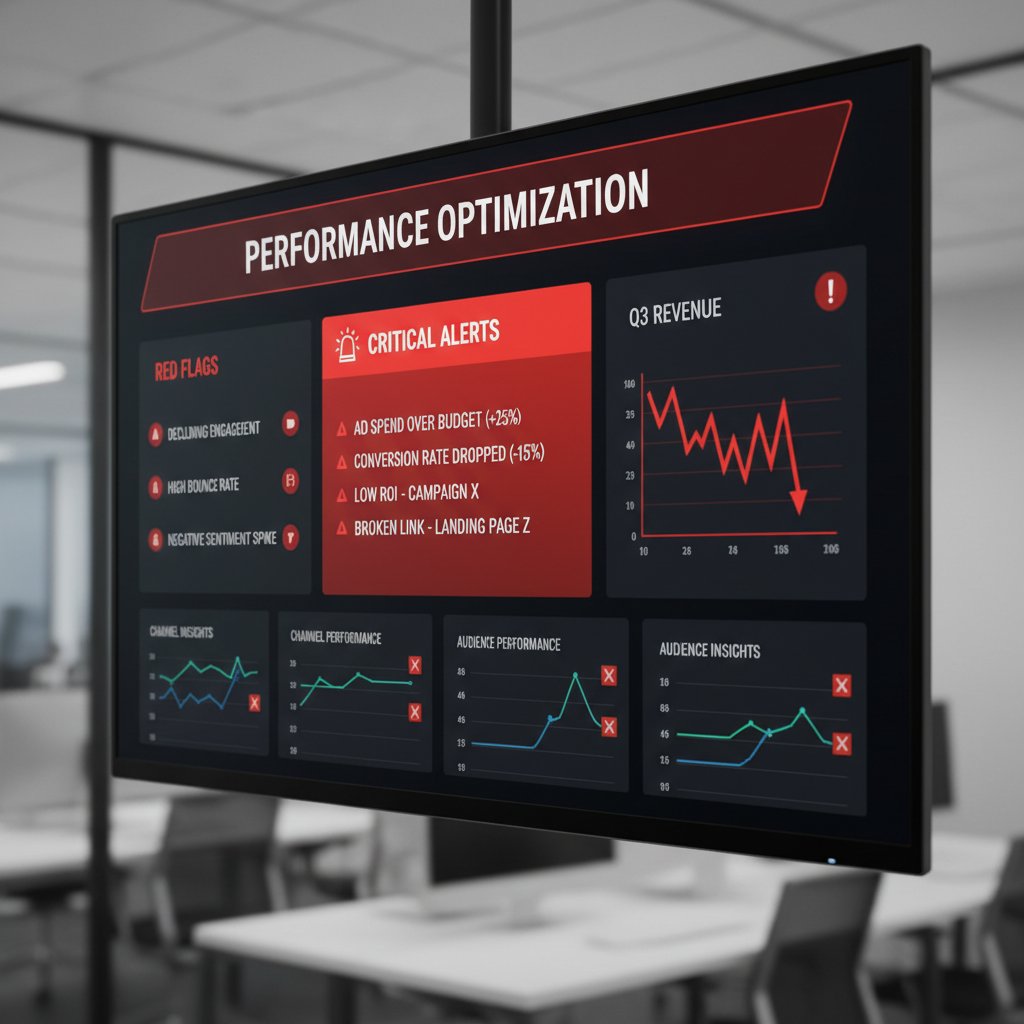 Dashboard marketingowy z widocznymi czerwonymi flagami i alarmami, optymalizacja online
