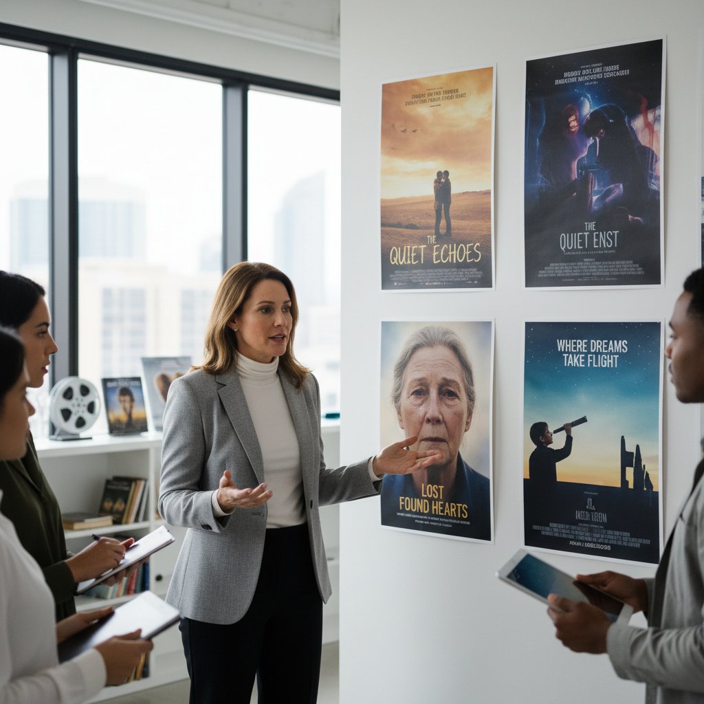 A marketing executive in a suit reviewing movie posters designed to look sincere and emotional.