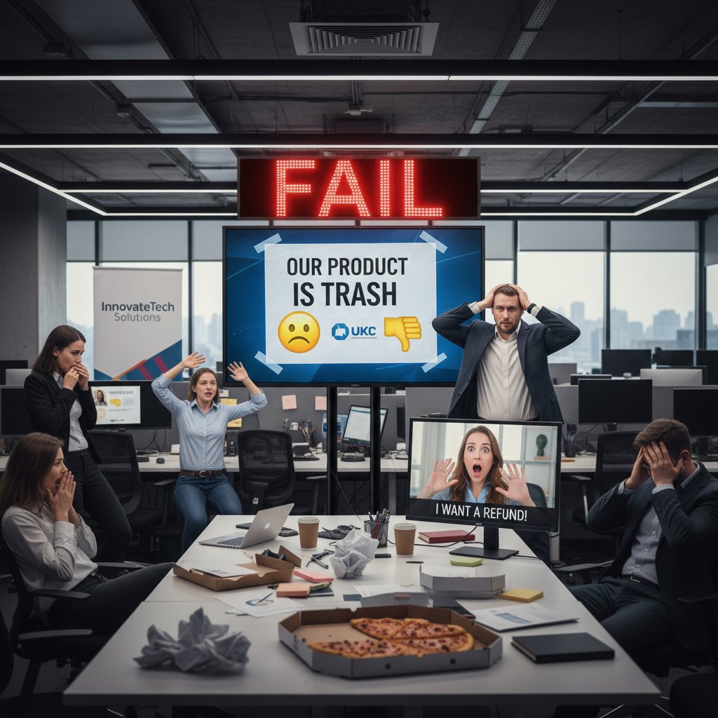 Negatywne reakcje klientów na nieudaną, automatyczną kampanię marketingową, zdjęcie biura z niezadowolonym klientem