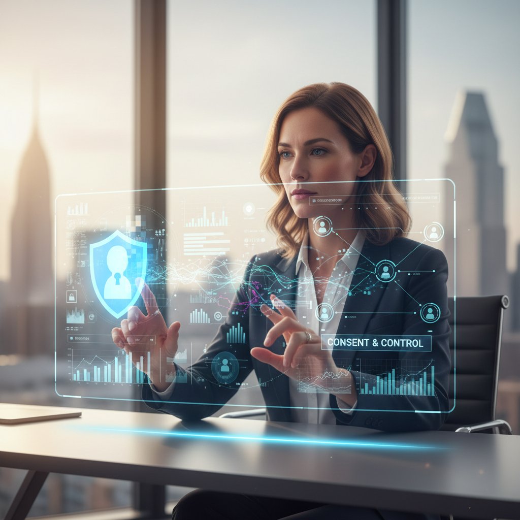 Menadżer marketingu analizuje dane mobilne na laptopie i smartfonie, ochrona prywatności, personalizacja