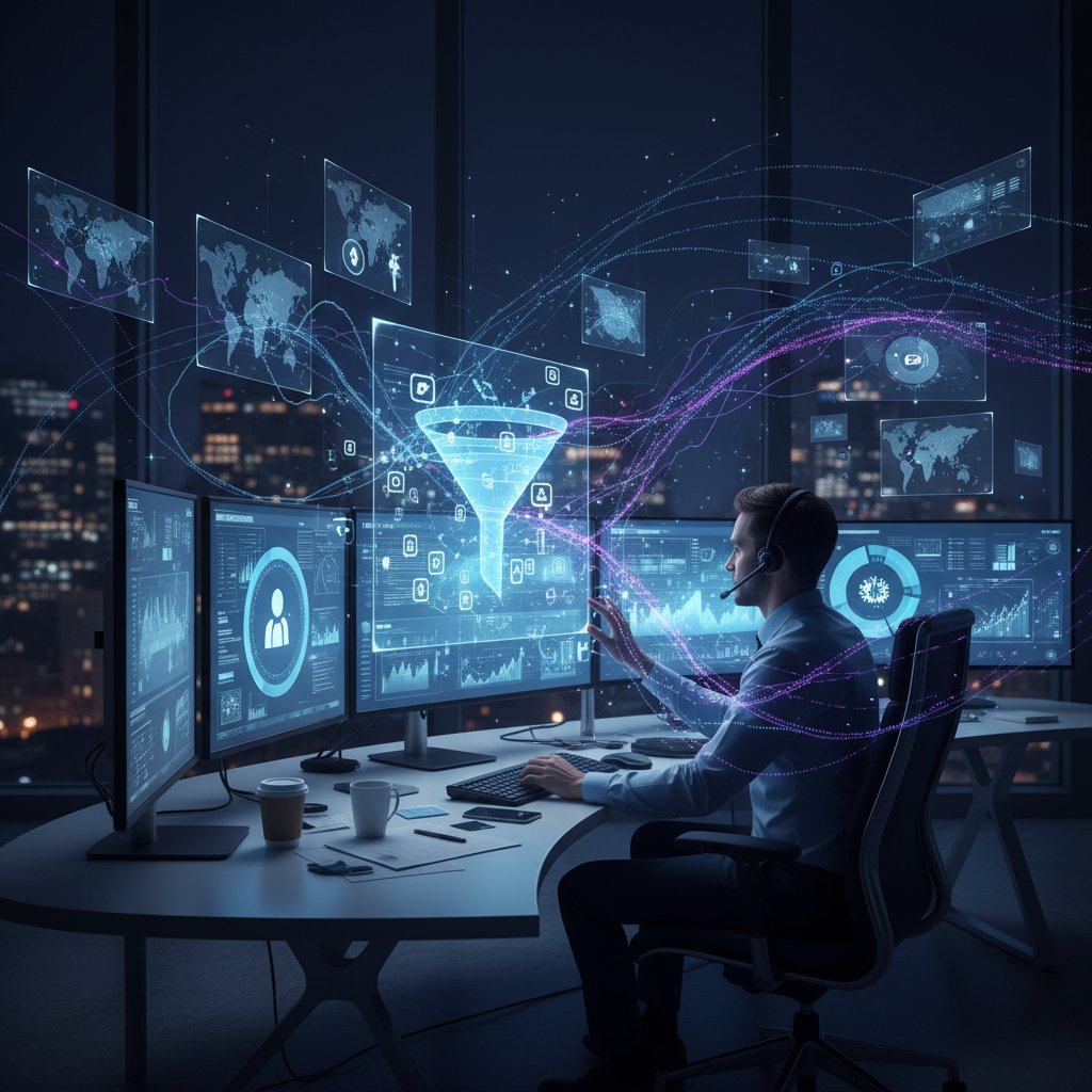 Specjalista ds. marketingu pracuje nocą przy komputerze, wokół wirują cyfrowe dane – AI w personalizacji online