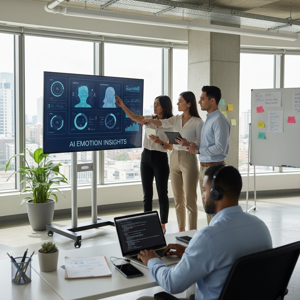 Nowoczesne biuro z zespołem marketingowym korzystającym z narzędzi AI do analizy emocji klientów